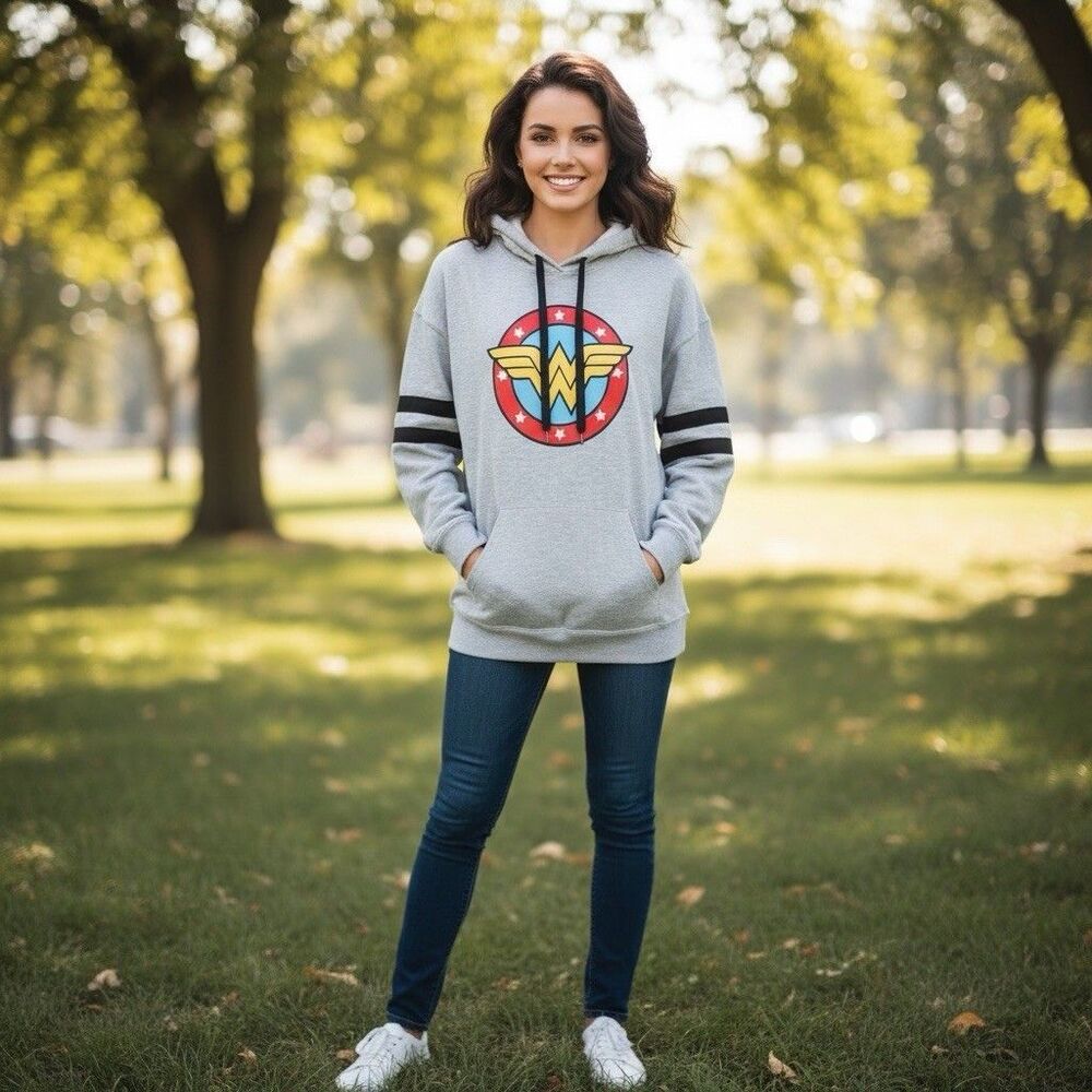 Wonder Woman Hoodie Juniors Medium Gray Pullover DC Comics Logo Sweatshirt